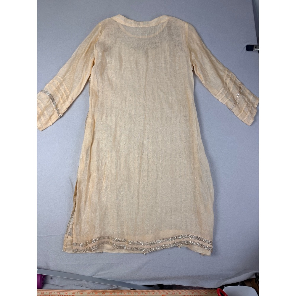 Agha Noor Women M Gold Sequin Floral Embroidered Kurta Tunic Beige Chiffon - Picture 9 of 9